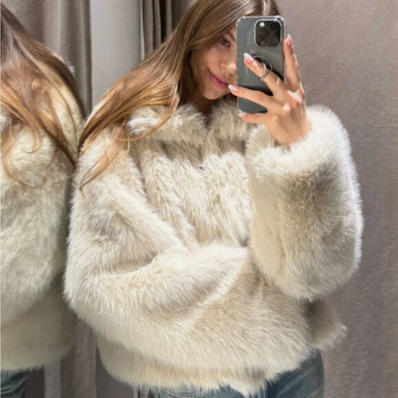 Zara Women Short Faux Fur High Neck Coat Light Beige Cream XS 5320/725 New - Picture 8 of 15